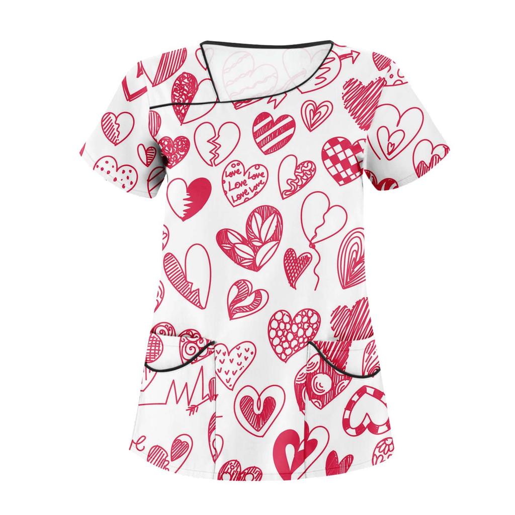 Damen-Arbeitsschutzoberteil mit bedrucktem Valentinstags-Print, schrägem Kragen und zwei Taschen