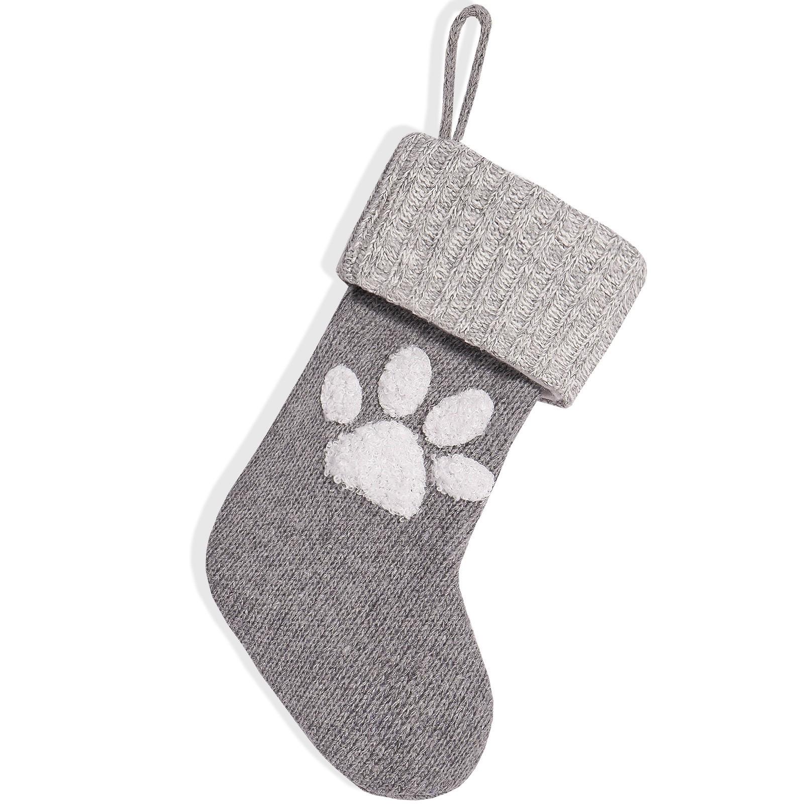 Adorable Pet Paw Print Christmas Stocking Ornament - Red, White, Gray Yarn Knitted Decoration серый