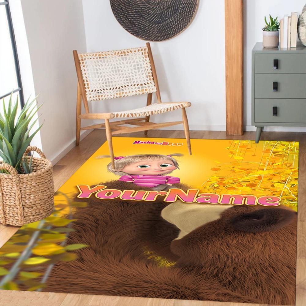 Masha Bear Customize Text Floor Rug Office Rug Design for Study Room Game Room Decorate Room Entryway Anti-slip Rug Decorate Offices