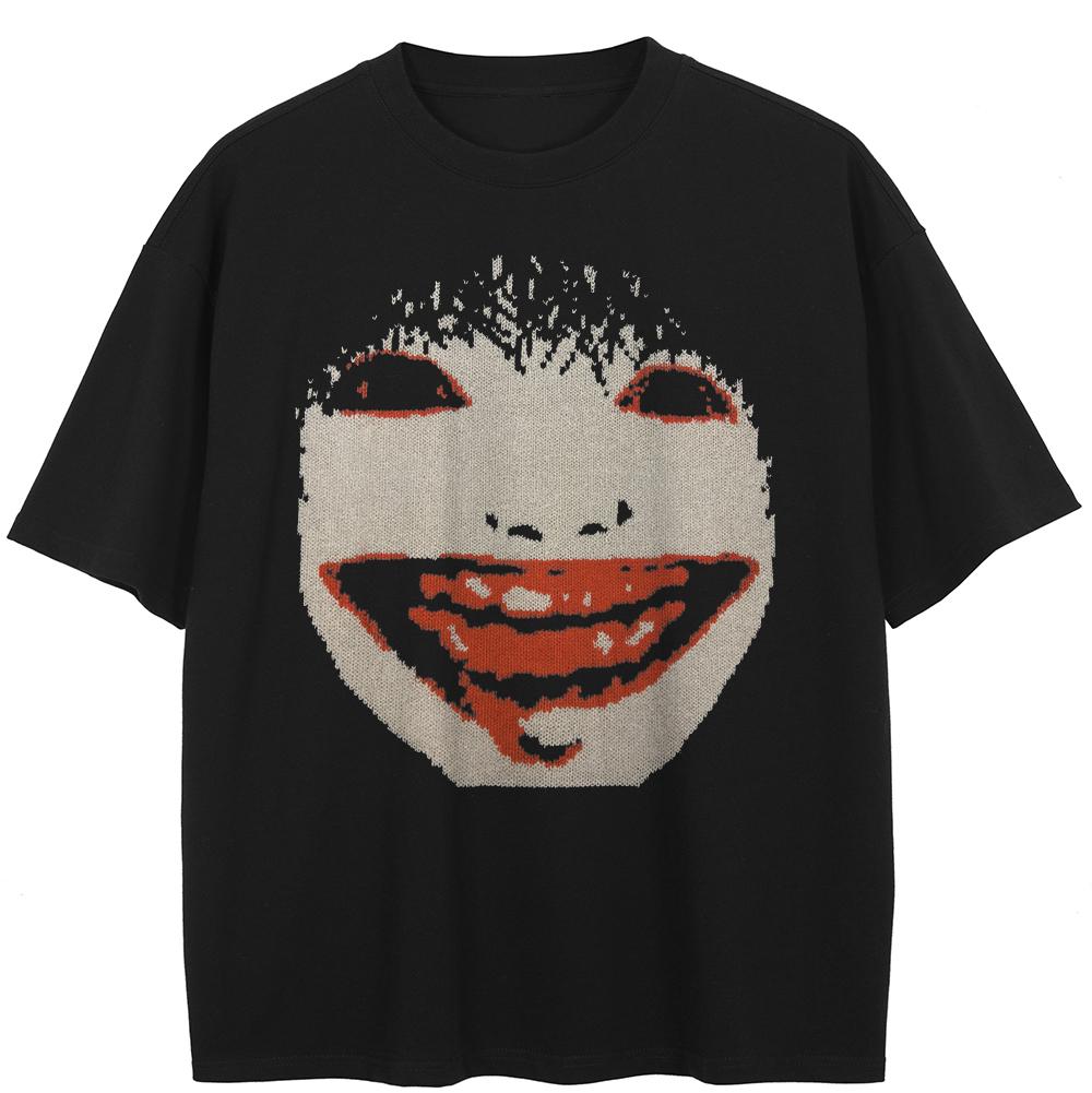 2026 Unisex Washed Black T-Shirt Streetwear QUARTER 24 Face Graphic A37T037