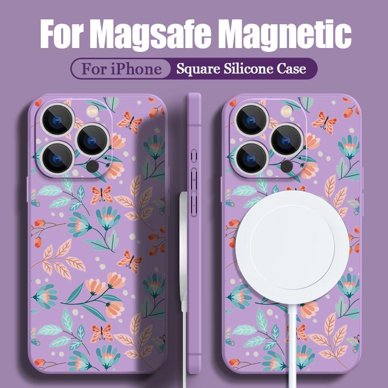 

Для iPhone 15 14 Pro Max 13 12 Pro Max 11 цветочный узор для Magsafe магнитная беспроводная зарядка Tpu мягкий с ремешком тонкий защитный чехол для объектива крышка iPhone 15 чёрный