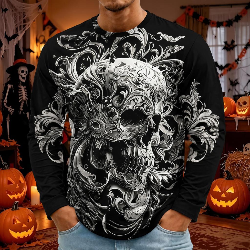 Men's Halloween Print Long Sleeve Round Neck T-Shirt Fashionable Top