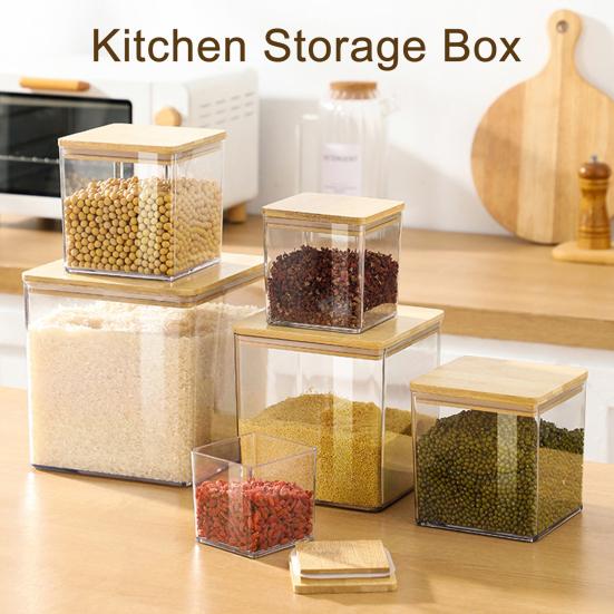 Large Square Flour Sugar Storage Container Airtight Plastic Food Jar with Wooden Lid for Flour Sugar Cookies Rice Coffee Beans Kitchen Pantry