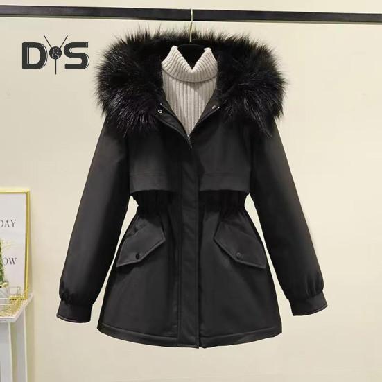 Winter Women Jacket Furry Hood Thickened Plush Long Sleeves Elastic Waist Pockets Zipper Closure Coat Mid Length Windproof Warm Overcoat