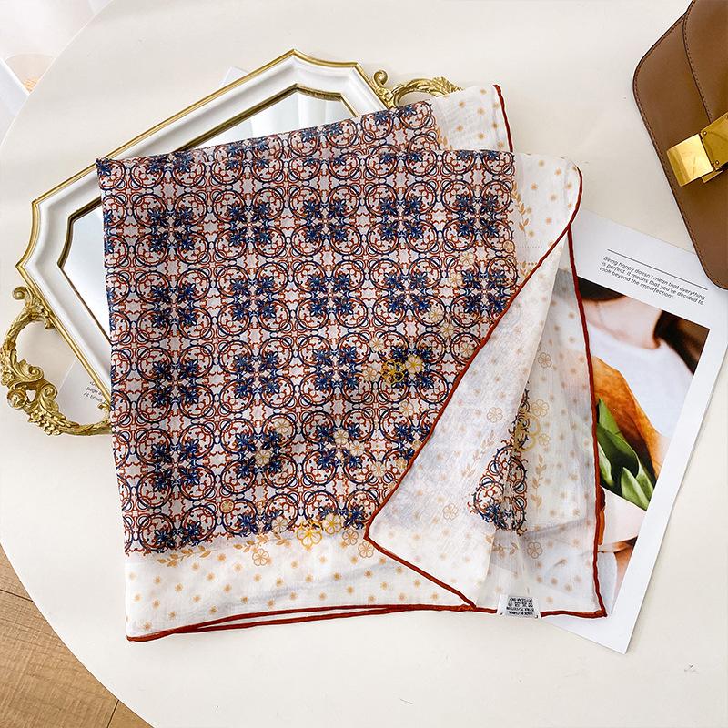French small fresh silk cotton square scarf printed silk cotton silk scarf women s new spring and summer versatile sunscreen decorative scarf 65