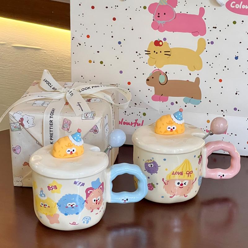 Cute Cartoon Coal Ball Ceramic Mug with Lid Couple Water Cup Girl Birthday Gift Girlfriend Souvenir Gift Box