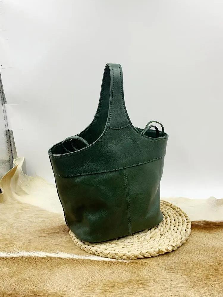 Johnature Genuine Leather Retro Bucket Bag Commuter Large Capacity Soft Cowhide Solid Color Women's Shoulder Bag