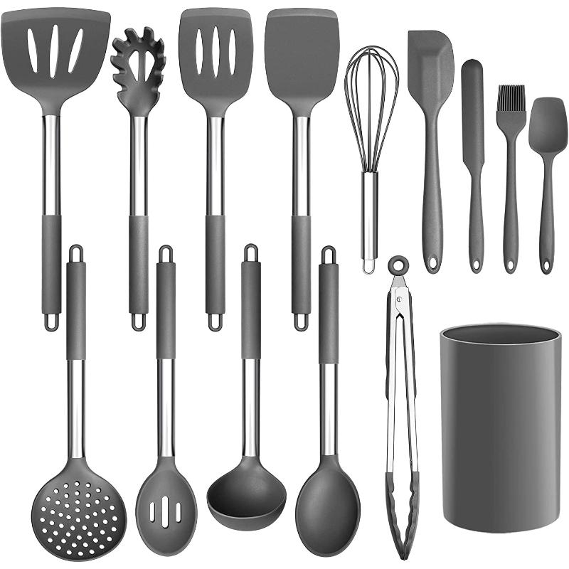 Set Ustensile de Bucătărie din Silicon - Mânere din Oțel Inoxidabil, Spatulă Perforată, Lingură, Tel, Clești și Altele cu Suport Elegant