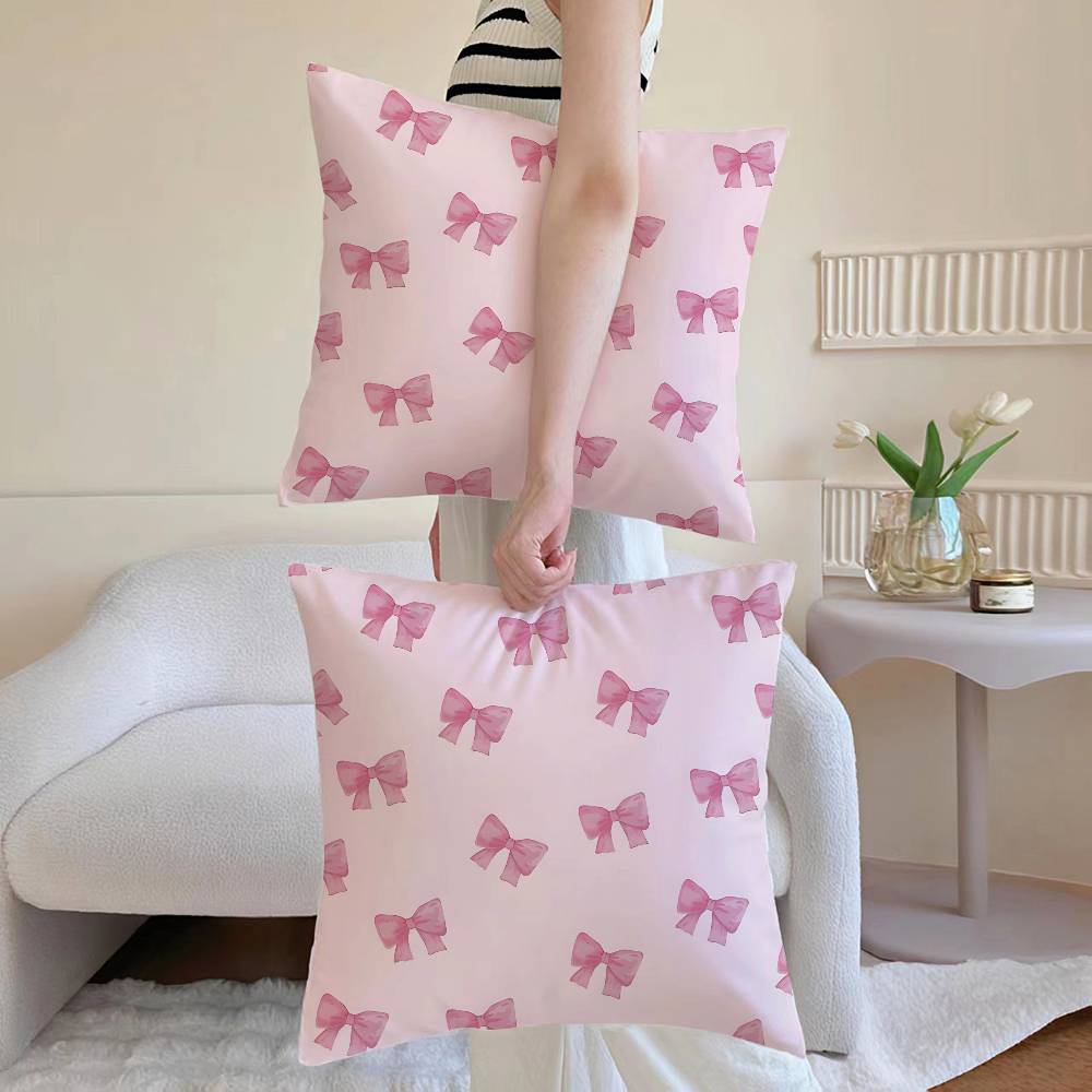 Pink Bow Cherry Pillow Case Sofa and Living Room Decorative Cushion Covers Dust-proof and Mite-proof Invisible Zipper