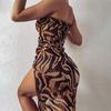 Sexy Women Summer Dress Spaghetti Strap Slash Neck Slim Tiger Print Khaki Split Side Lady Dress