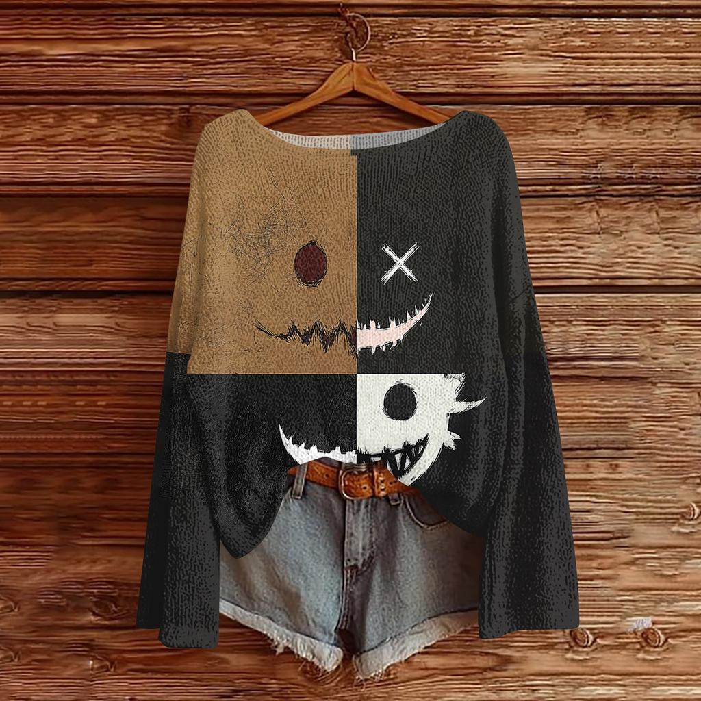 Women's Long Sleeve Halloween Print Crewneck Knit Pullover Sweater for Casual Daily Wear