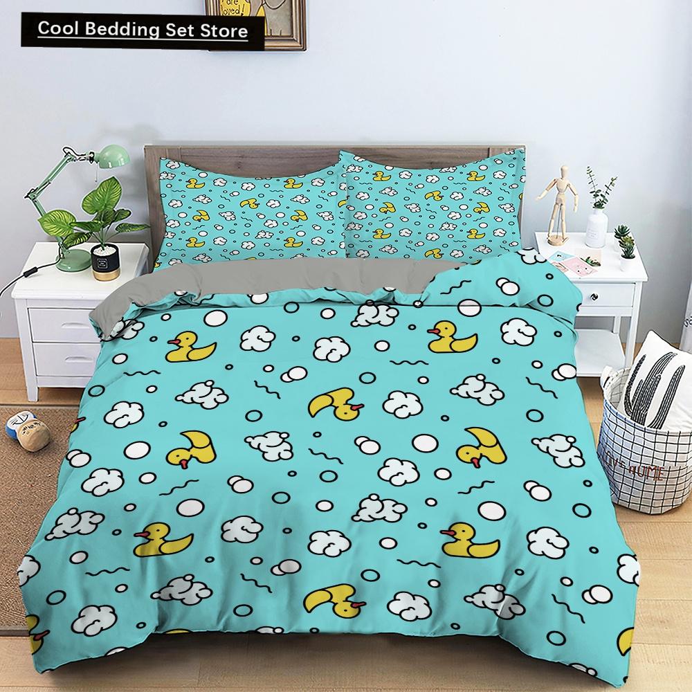 Cartoon Yellow Duck King Queen Duvet Cover Farm Lovely Animal Bedding Set Blue Bubble Quilt Cover Soft Polyester Comforter Cover