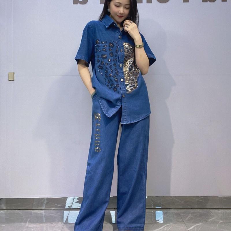 Plus Size Womens Denim Set Rhinestone Short Sleeve Top High Waist Wide Leg Pants Two Piece