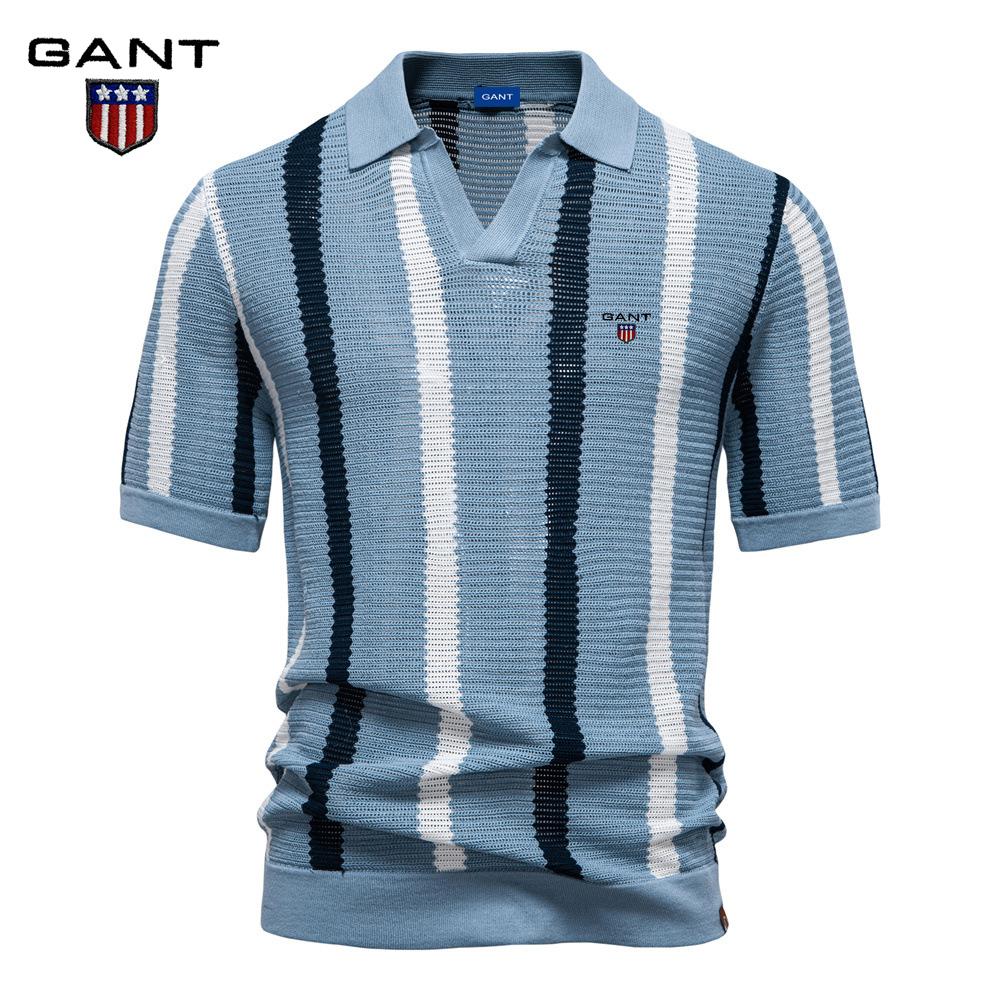 Gant 2025 Summer Embroidery New Breathable Hollow Men's Short Sleeve Polo Sweater Striped Knitted Polo Sweater for Men