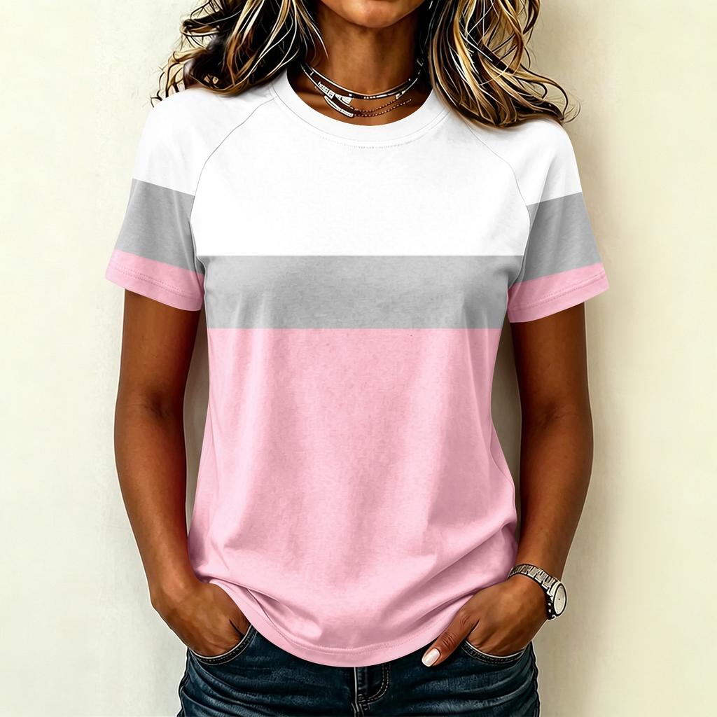 Women's Fashion Raglan Sleeve Crew Neck Casual Colorblock Print Short Sleeve Top Lightweight Soft Fabric Comfortable Fit