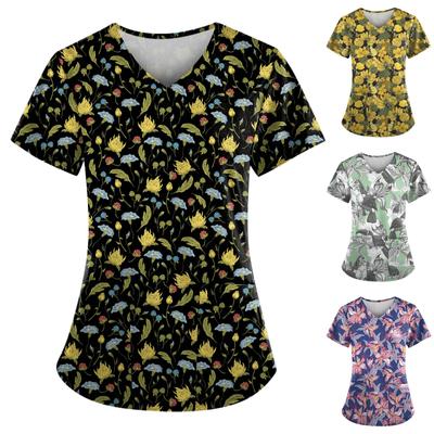 T-shirty damskie Spersonalizowany uroczy nadruk Krótki rękaw, dekolt w szpic, Jednolite robocze topy z kieszeniami
