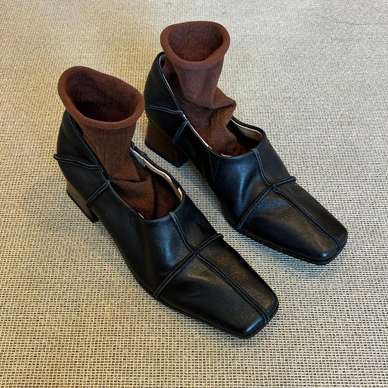2026 Summer New Women's Loafers Shoe Square Toe Thick Heel Soft Sewing Design Retro Office Suit Shallow Ladies Single Shoes