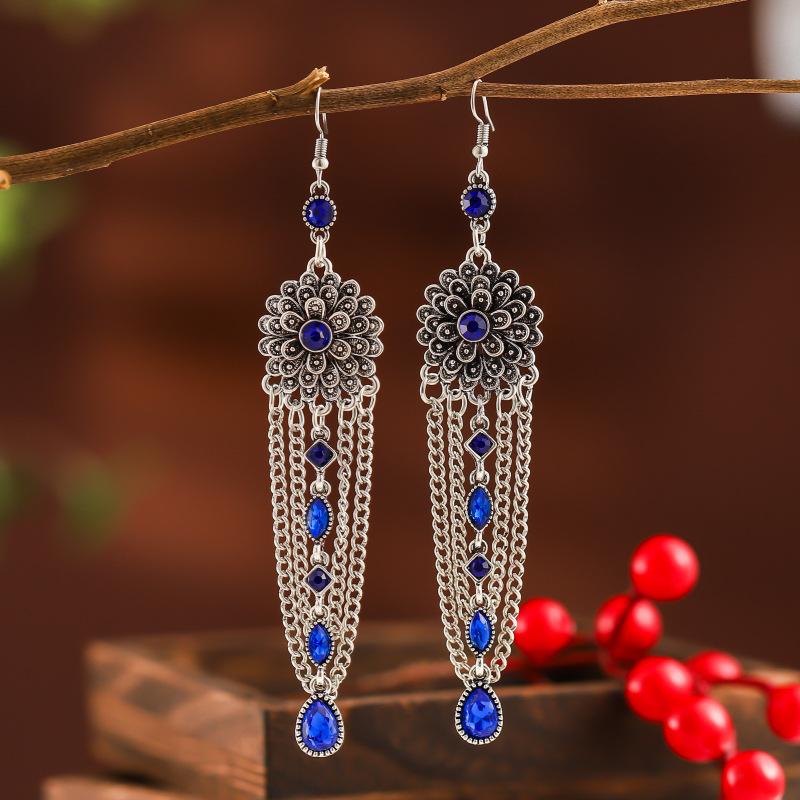 Vintage Exaggerated Long Crystal Tassel Earrings for Women Ethnic Multilayer Rhinestone Silver Color Geometric Earrings Jewelry
