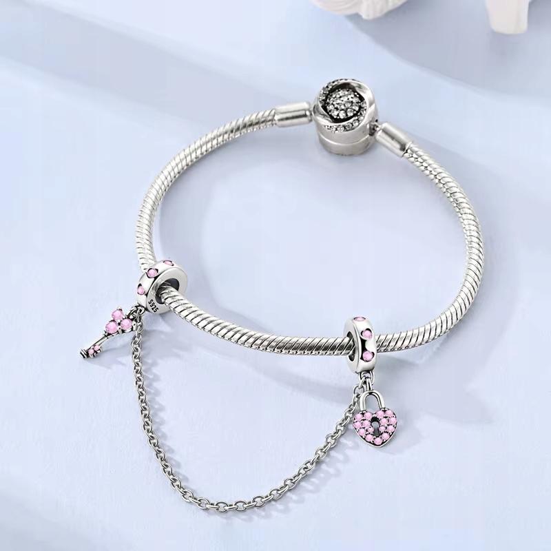 Pink Key Padlock Bracelet Safety Chain S925 Silver