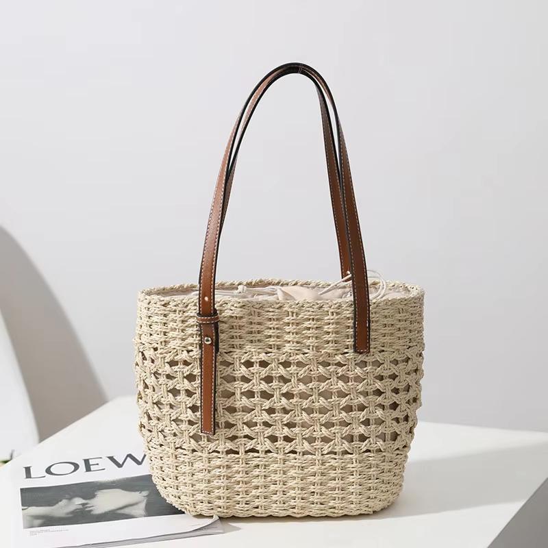 Boho Hohl Stroh Häkeln Tragetasche Damen PU Riemen Kordelzug Futter Strand Schultertasche
