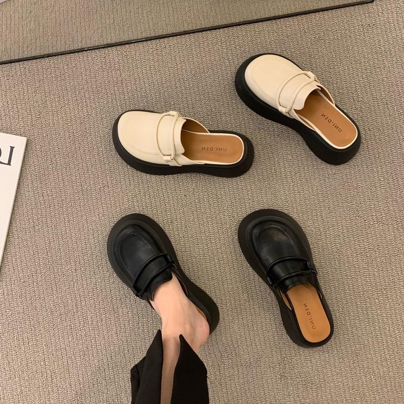 Zhike Japanese Retro Shoes Platform Sole One-pedal Leather Bag Head Women's Shoes Spring and Summer 2025 New Slippers Women's Outer Wear