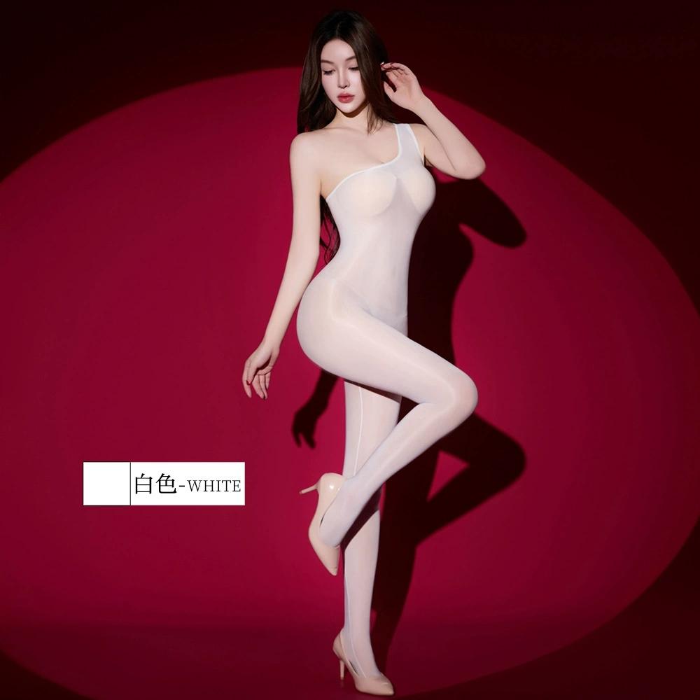 Fashion One-Shoulder Jumpsuit Oil Shiny Sheer Transparent Bodysuit Breast Seamless Tights Leotard Sexy Woman Shaping Bodysuit