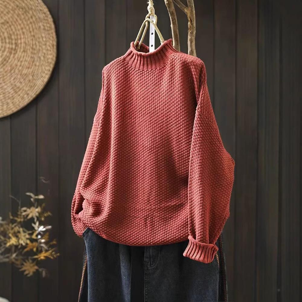 

Осенне-зимний хлопковый свитер с полувысоким воротником, женский свободный большого размера, скрывающий недостатки фигуры, повседневный пуловер, вязаный нитью M