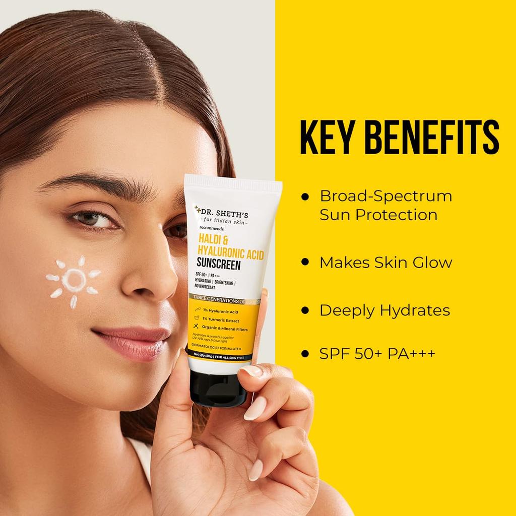 DR. Sheth's Haldi & Hyaluronsäure Sonnenschutz LSF 50+ PA+++ 80 g Feuchtigkeitsspendender Aufhellender Sonnenschutz