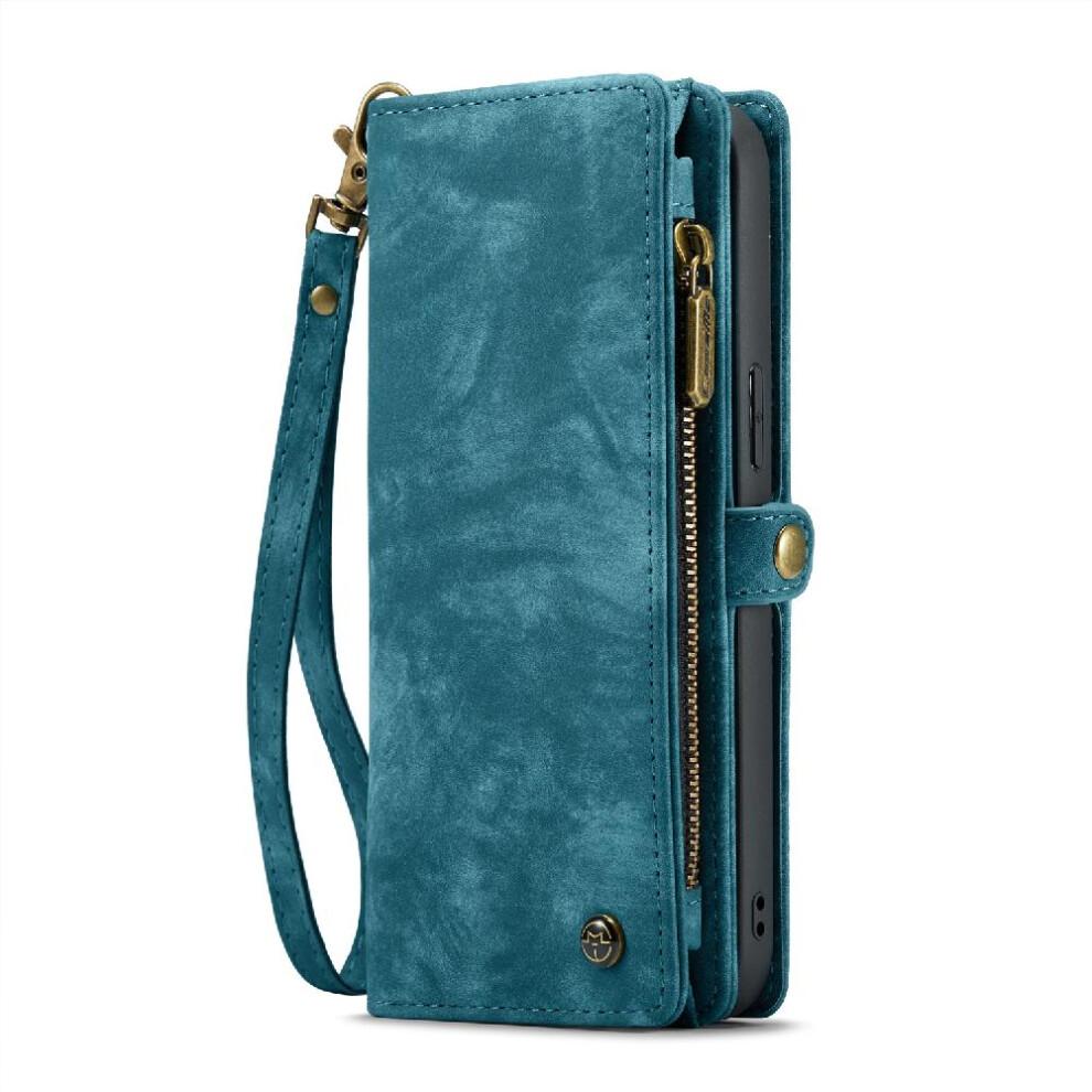 (Blue) Case for iPhone 15 Wallet Cover Trifold with TPU PC Handmade Leather Zipper Strong Magnetic Detachable Card Holder