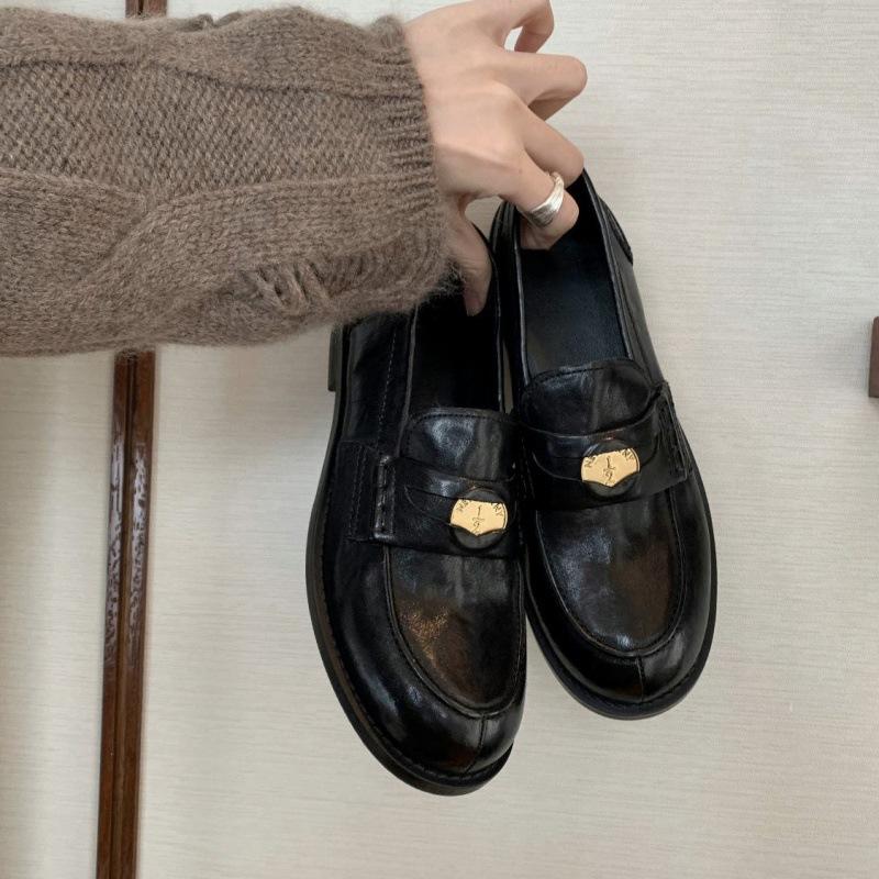 All cowhide leather retro round head small gold coin lazy British style loafers shoes women's leather platform small leather shoes