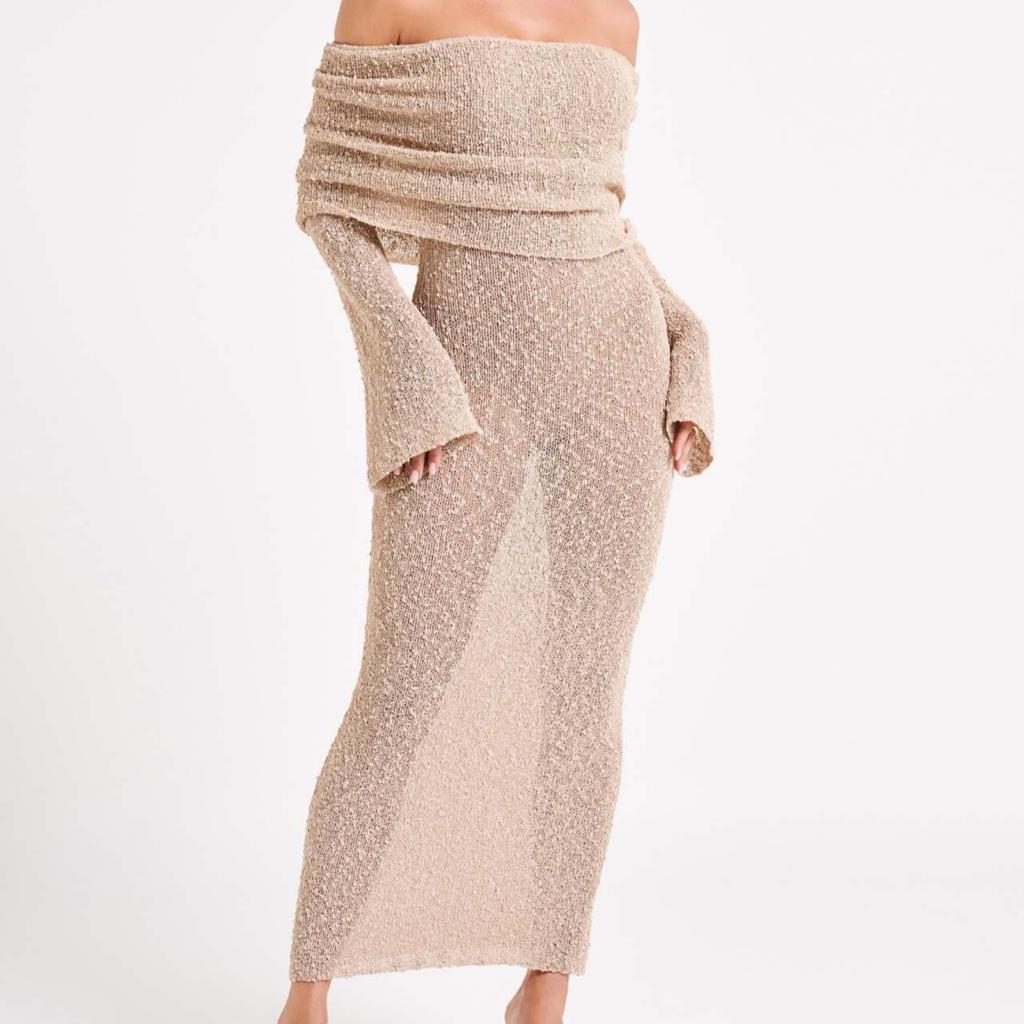 Sexet off-shoulder hæklet maxikjole til kvinder Bodycon Strækbar mesh strikket sweaterkjole Elegant festkjole til kvinder Langærmet fest wrapkjoler