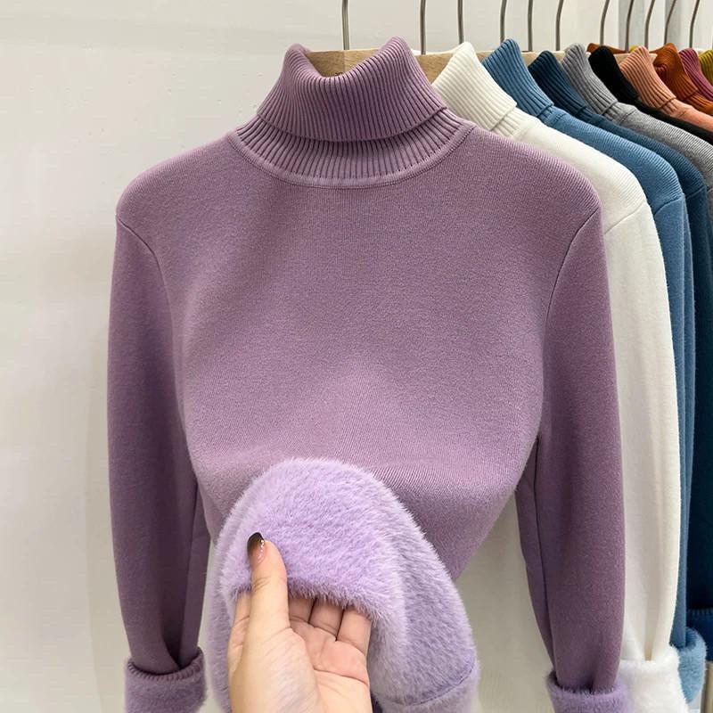 Women Fleece Lined Thick High Neck Warm Inner Knit Sweater Casual Top