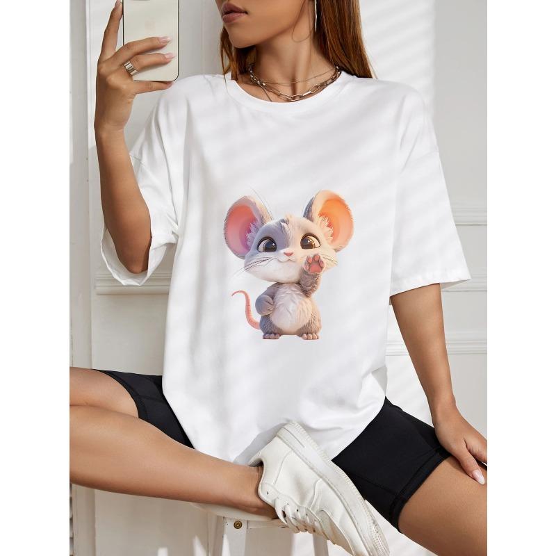 Niedliches Maus-Print T-Shirt Weiß Cartoon Tierdesign für Freizeitkleidung