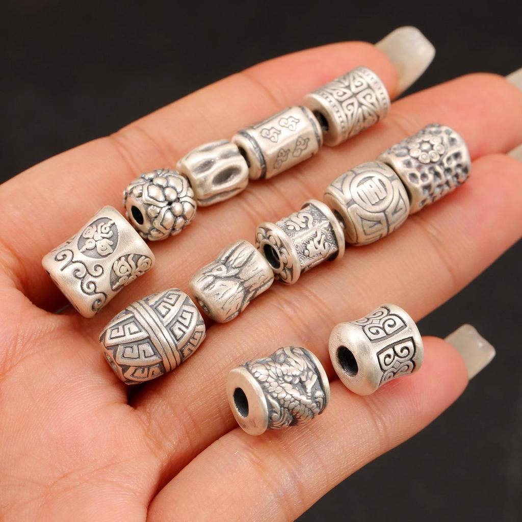 Sterling Silver S999 Ethnic Spacer Beads: Retro Barrel & Ruyi Lock Lucky Beads for DIY Jewelry.