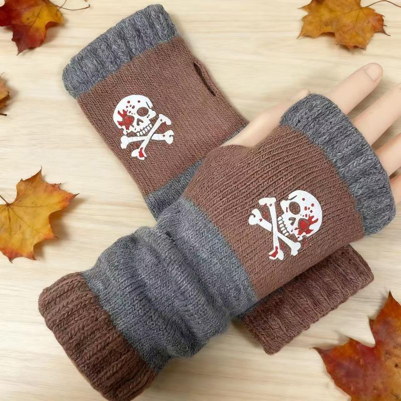 Gants en tricot sans doigts avec broderie de chat et patchwork, Gants décontractés ouverts aux doigts tendance pour femme, Mitaines chaudes d'hiver sans doigts