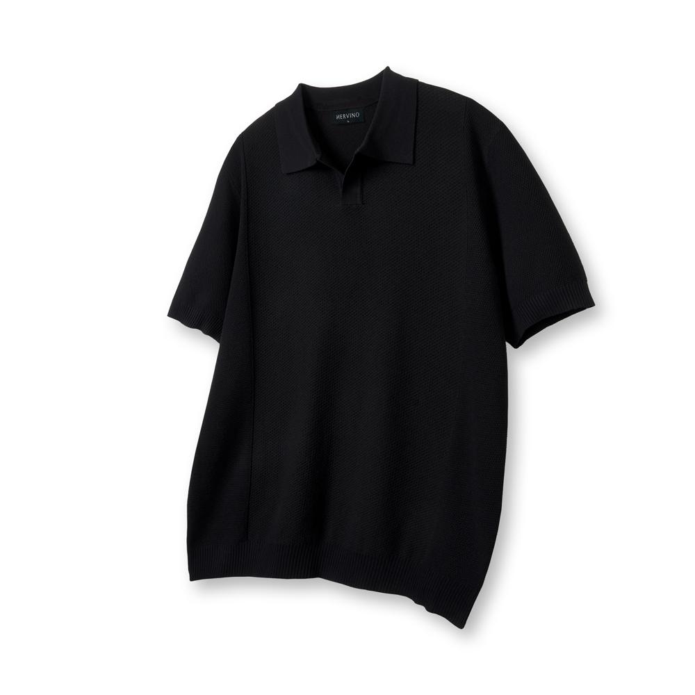HERVINO Essential Muscle Fit Open Collar Short Sleeve Knit [Black]
