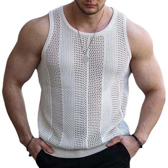 O-Neck Sleeveless Men Vest Solid Color Ribbed Trim Thin Summer Casual Hollow Out Loose Knitting Vest Sportwear