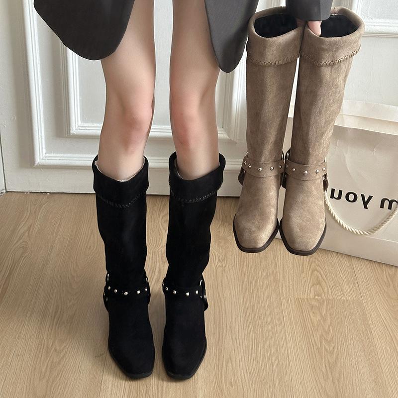 European and American style retro versatile high-heeled knight boots women's boots 2025 autumn and winter new square head thick heel but knee boots 