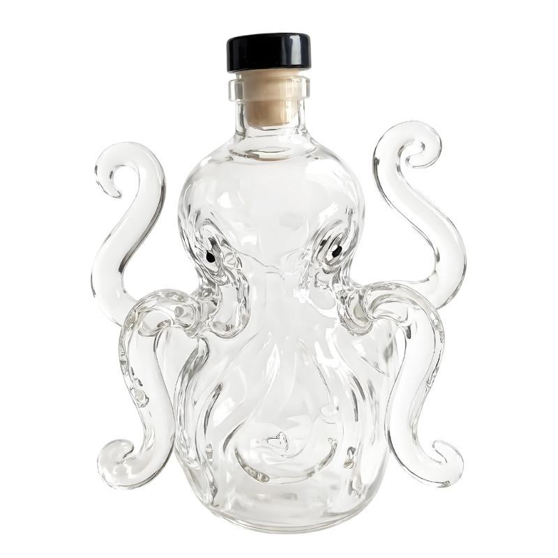 Cabinet Shelf Display Bottle in Clear Glass, 8-Footed Fish Whisky Vessel with Stopper for Vodka Bar Cart and Serving Corner