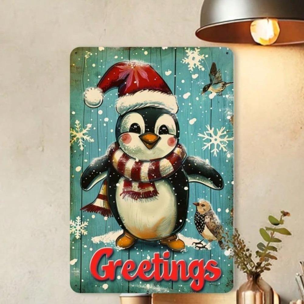 Vintage Penguin Bird Christmas Tin Sign 8x12 Inch Aluminum Metal Poster Holiday Wall Decor For Home Office Cafe Garage