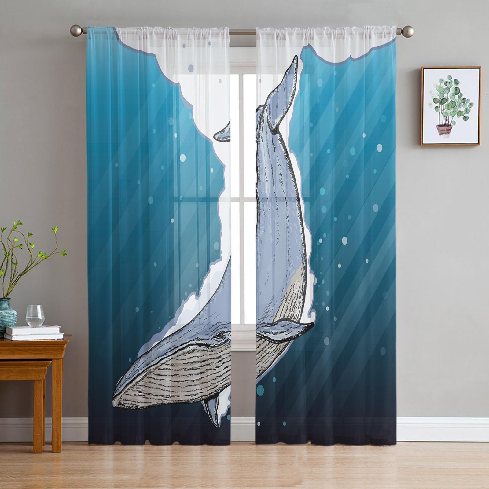 

Океан Животные Рыбы Синий Кит Прозрачные Шторы для Гостиной Спальни Кухни Украшения Отеля Шифон Тюль Вуаль Оконные Шторы 1 PCS W100XH250cm&Grommet Top