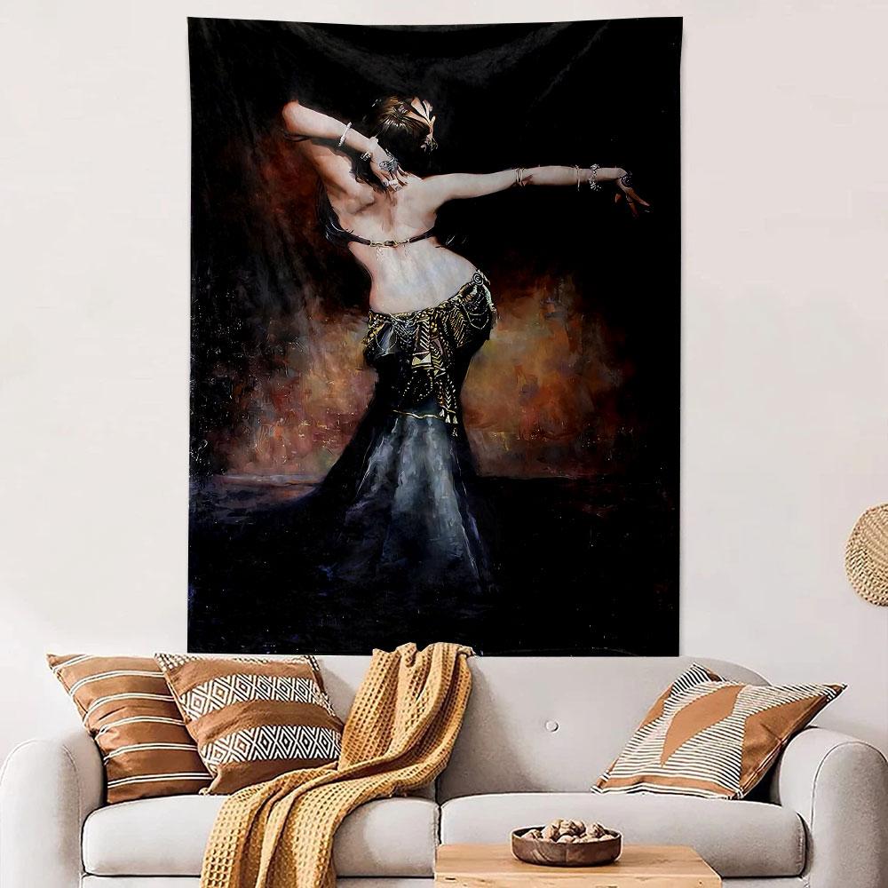 A graceful figure in a decorative outfit with dynamic, flowing movement. Patterned tapestry for bedroom and living room home decor