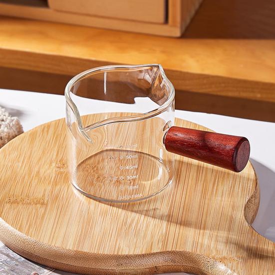 Coffee Milk Pitcher with Wooden Handle Mini Glass Creamer Cup for Espresso Small Sauce Dipping Bowl Measuring Scale Condiment Dish
