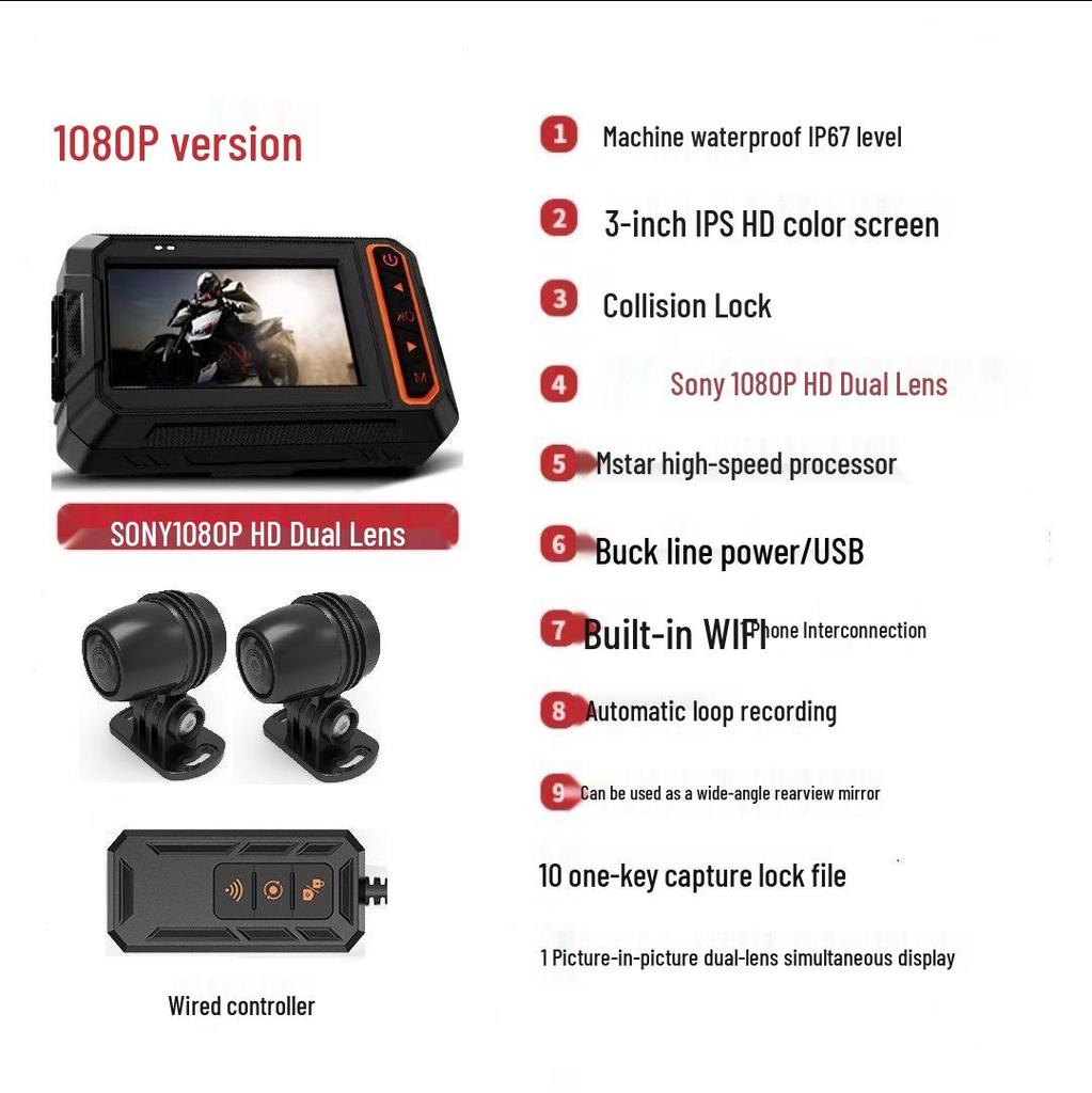 Dual Recording Motorcycle Dash Cam: Front/Rear, HD Night Vision, GPS, Waterproof, WiFi