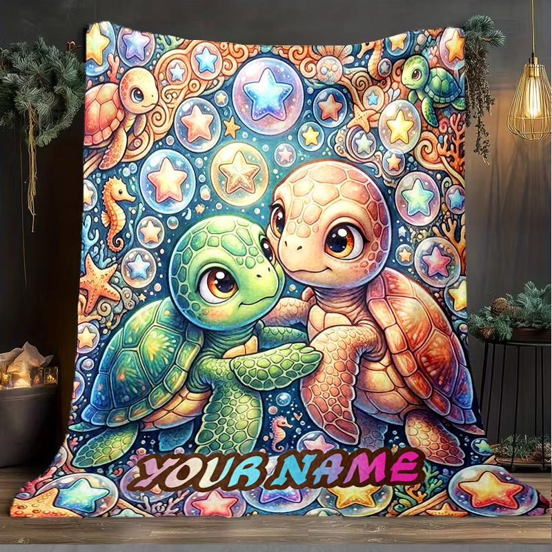 1PC Custom Name Turtle Friends Sea flannel blanket versatile,all-season throw suitable for the living room,bedroom,camping,travel,and gift