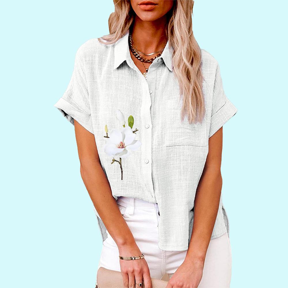 Plus Size Women Fashion Floral Print Blouse Casual Linen T-shirt Ladies Loose Buttoned Short Sleeve Shirt