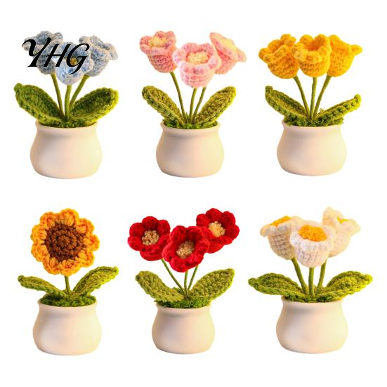 Crochet Flower Decor Handmade Potted Decoration, Knit Artificial Sunflower Desktop Handwoven Woolen Flowers Decor, Gift for Women, Mom, Teacher,