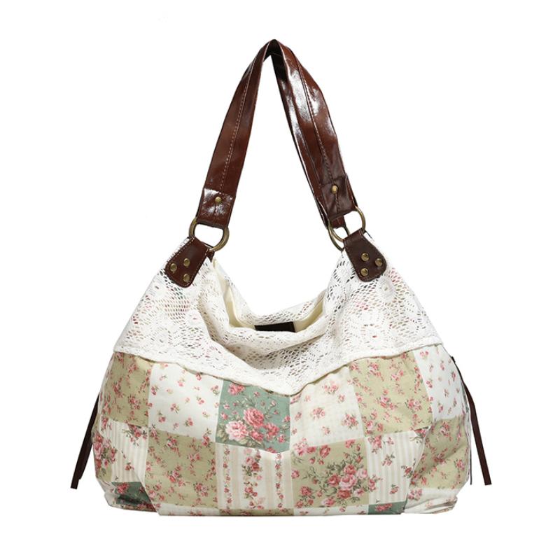 Floral Patchwork Canvas Shoulder Bag Vintage Lace Trim Hobo Bag Large Capacity For Commute & Travel Women Lightweight Handbag