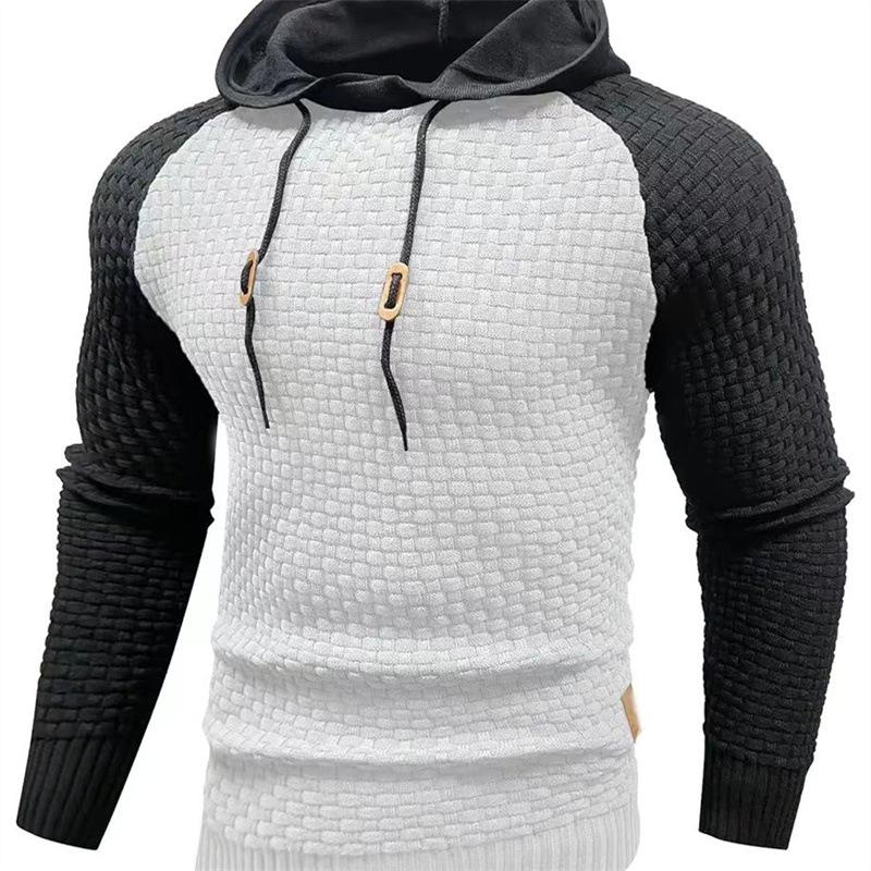 2025 Men's Color Block Plaid Slim Fit Hoodie - Casual Long Sleeve Knit Pullover