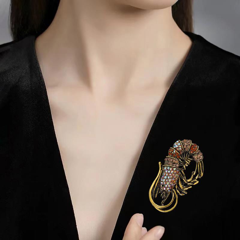 Fashion Rhinestone Based Shrimp Shaped Brooches For Women Clothing Coat Jewelry Accessries Gifts